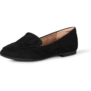 Womens Black Faux Leather Closed Pointed Toe Low Wedge Heels Loafer Flat Shoes